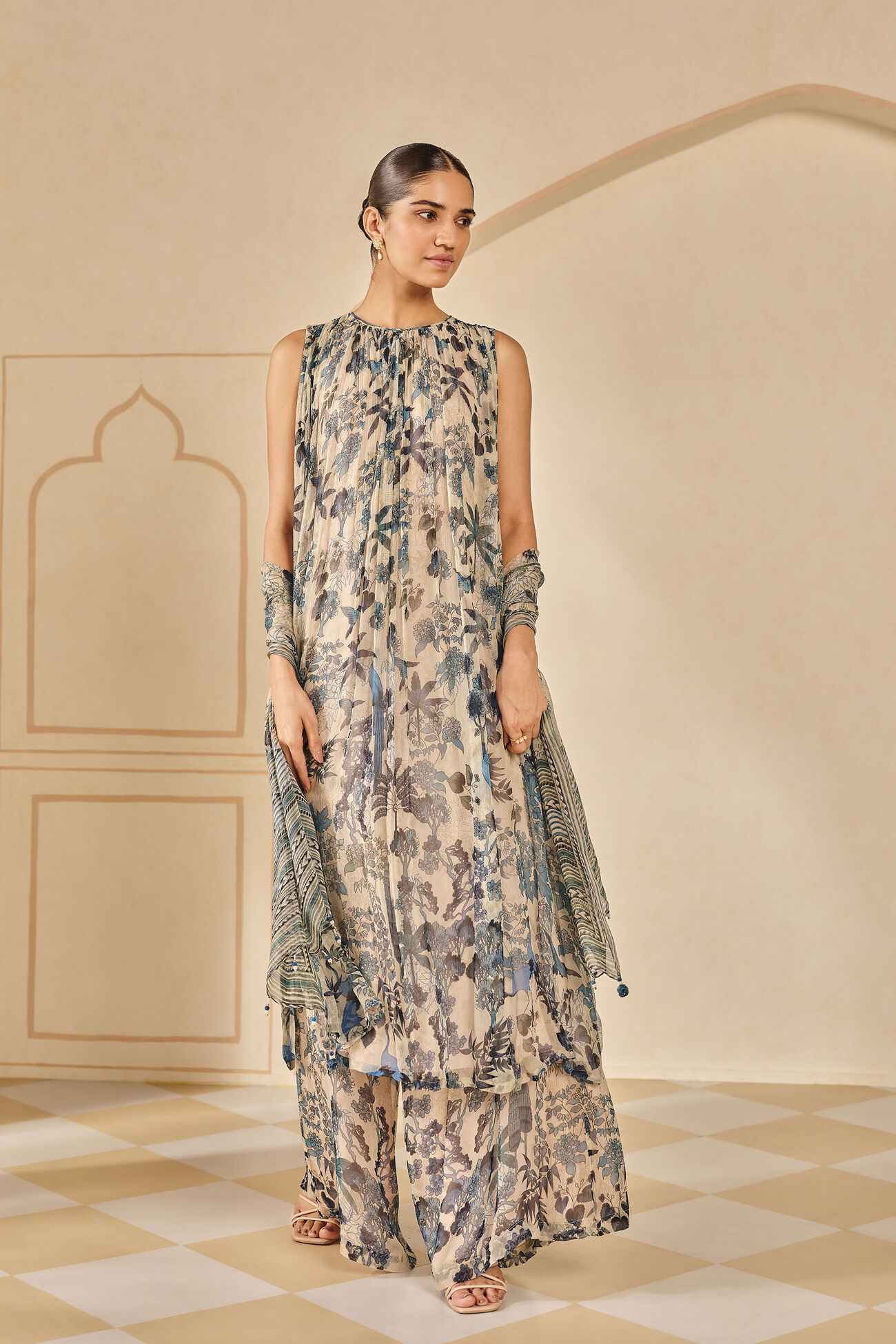 Turaya Printed Bemberg Sharara Set - Beige, Beige, image 1